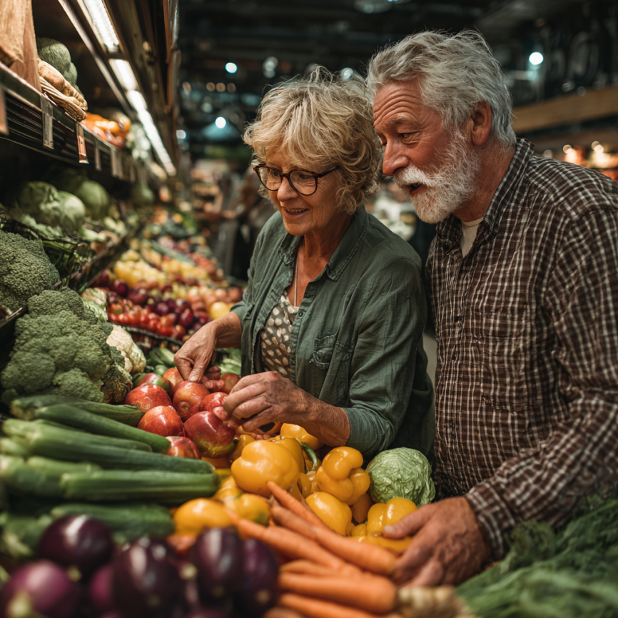Senior fericit gătind o masă sănătoasă în bucătărie